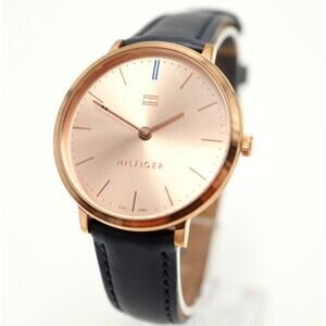 Tommy Hilfiger Womens Rose Gold Tone Slim 35mm Watch Blue Leather w New Battery